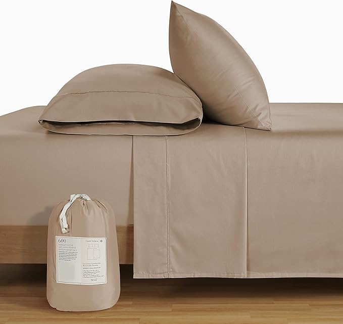 Lane Linen 100% Cotton Bed Sheets – 600 Thread Count Cooling Sheets Queen, Durable Daily Use Bedding, Value Comfort for Nightly Rest, Hotel Sateen Finish, Snug Fit 15" Deep Pocket Fitted Sheet – Taupe