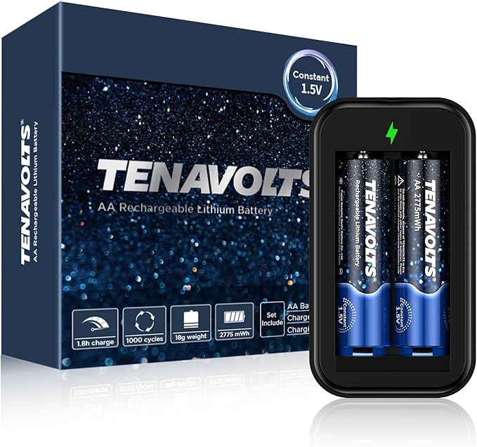 TENAVOLTS 1.5V Lithium Rechargeable AA Batteries, AA Battery for Xbox Controller, AA Rechargeable Batteries for Blink Camera with USB Cable Type C Port, 1.8 Hour Fast Charging, 2 Count with Charger