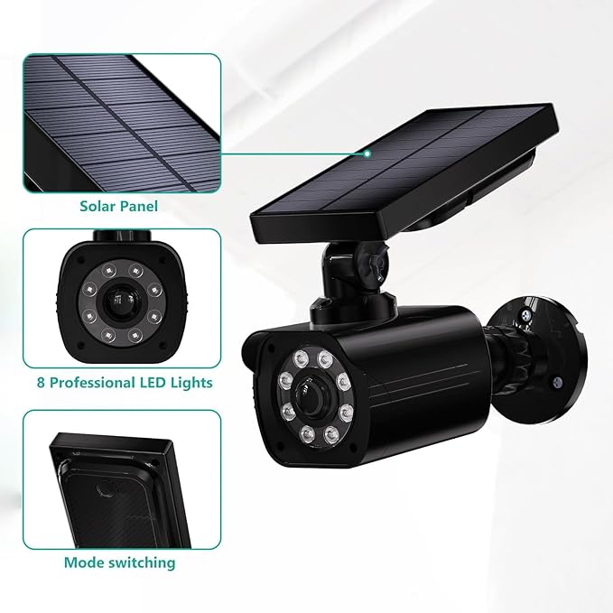 WALI Dummy Fake Camera, Security Camera with Motion Sensor Flood Light, Simulated Surveillance Security CCTV Dome Camera Indoor Outdoor (TCB2-SOL), 2 Packs, Black-Solar
