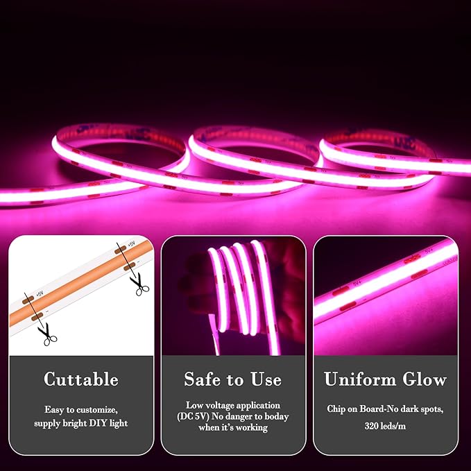 UVTaoYuan Short Led Strip Lights Pink 5V USB LED Lighting COB LED Strip Pink Flexible LED Tape Light Not Dimmable Small led, for Display Cabinet, Home DIY Lighting Room Decor TV Lights (3.28FT/1M)