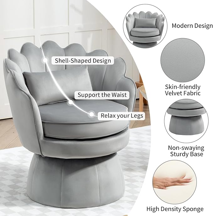 360° Swivel Accent Chairs Set of 2, Mid-Century Modern Velvet Barrel Chair, Comfy Shell Shape Chair with Lumbar Pillow for Living Room, Bedroom, Office, Grey