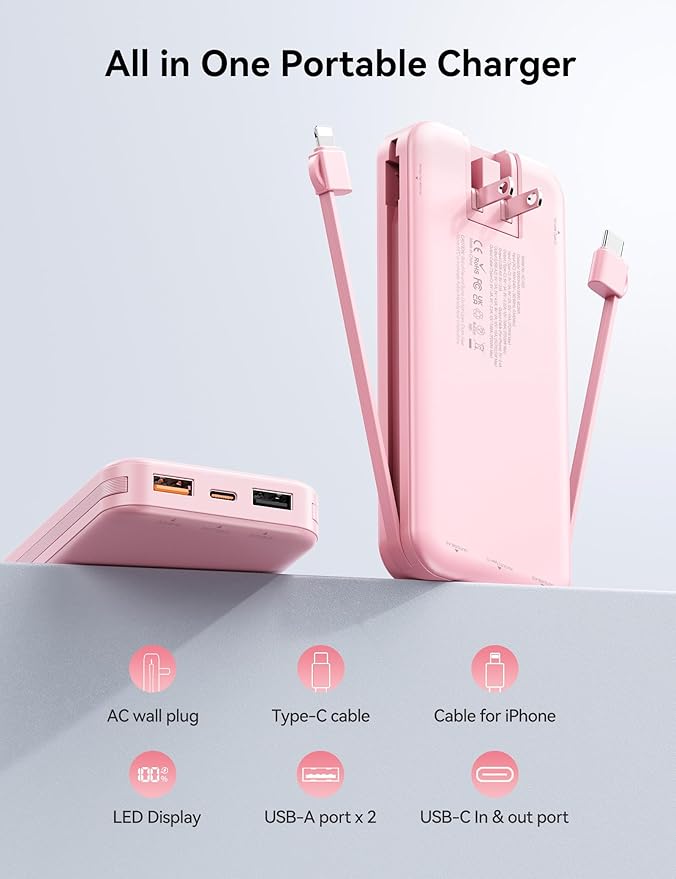 Ultra-Portable-Charger-Power-Bank with Built in Cables&AC Wall Plug,12000mAh PD20W USB-C Fast Charging Cell Phone Charger Battery Pack,LED Display Travel Battery Bank for All iPhone,Samsung,Android