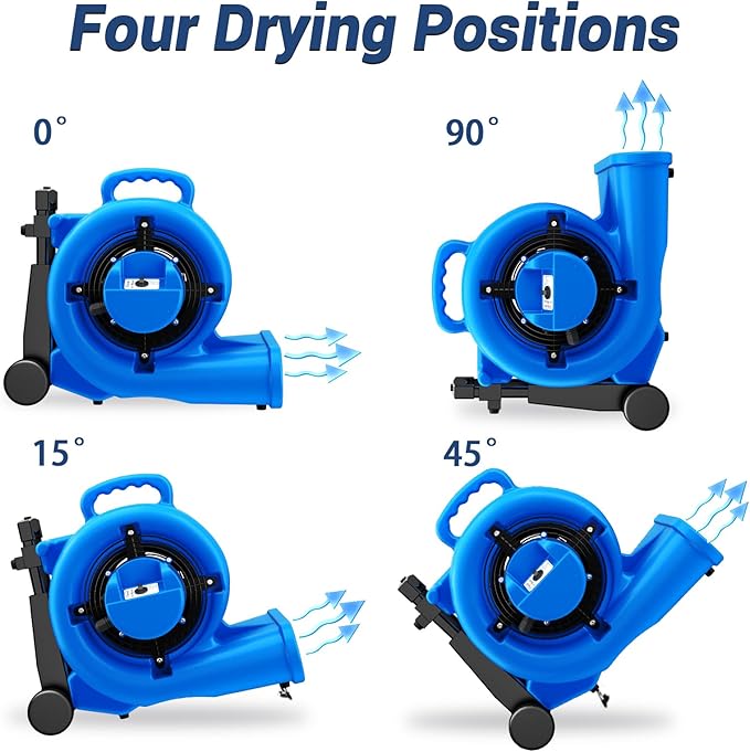BSMTEK 5000 CFM 1HP Air Mover Blower Fan, Floor Blower Dryer - Timer for Industria, 3 Speeds, 4 Adjustable Angles, Handle Wheelkit, 15Ft Long Cord Portable, Stackable - 2026 Upgraded, Blue