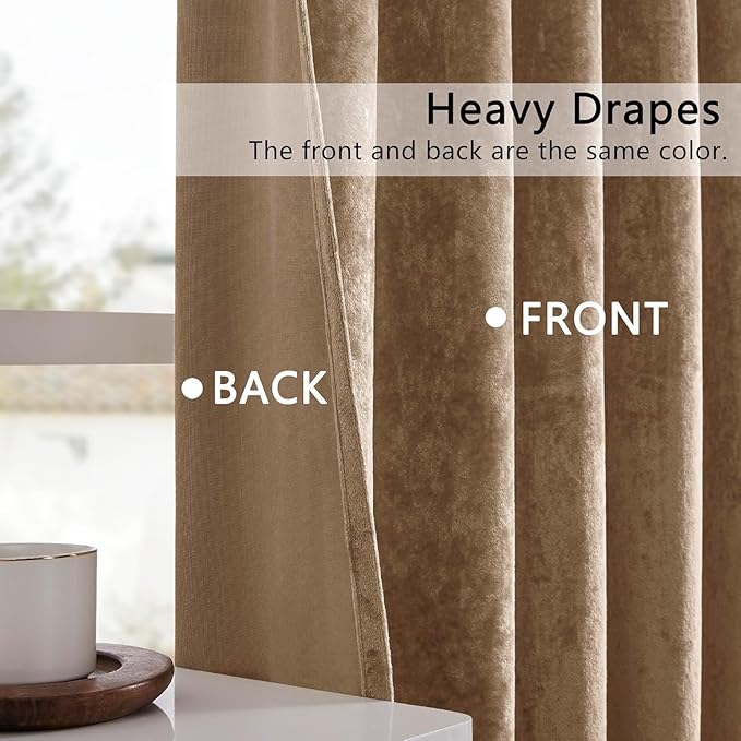 SMILETIME Amber Beige Crushed Velvet Curtains 52x108 inch Luxurious Thermal Insulated Soundproof Drapes for Living Room Bedroom Office Soft and Durable Light-Filtering Window Treatments, 2 Panels