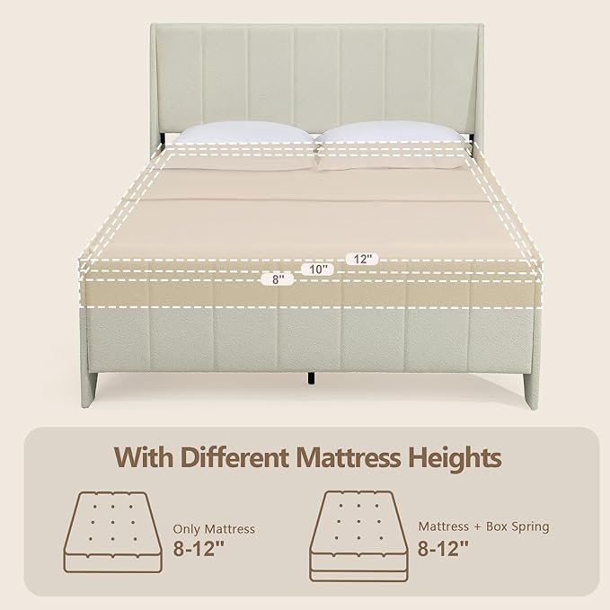 Brafab Queen Boucle Upholstered Bed Frame with Wingback Headboard, No Box Spring Needed, Easy Assembly, Platform Bed with Wooden Slats, Beige(Queen (U.S. Standard))