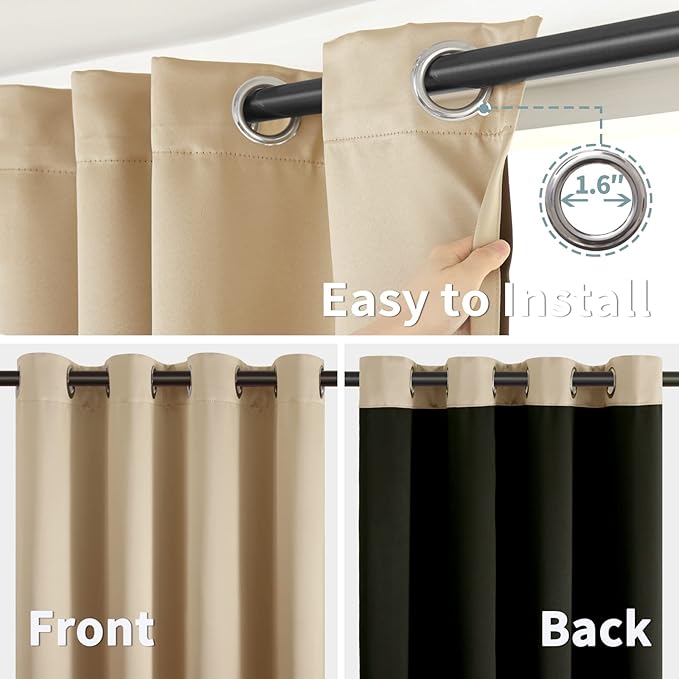 BGment Thermal Insulated 100% Blackout Curtains for Bedroom with Black Liner, Double Layer Full Room Darkening Noise Reducing Grommet Curtain (52 x 84 Inch, Beige, 2 Panels)