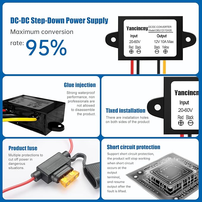 Yancincny DC 20V-60V to 12V Buck Converter 10A 120W Golf Cart 24V 36V 48V 60V Step Down to 12V Converter Voltage Regulator Reducer with Fuse Waterproofing Transformer for Golf Cart Club Car LED Lights
