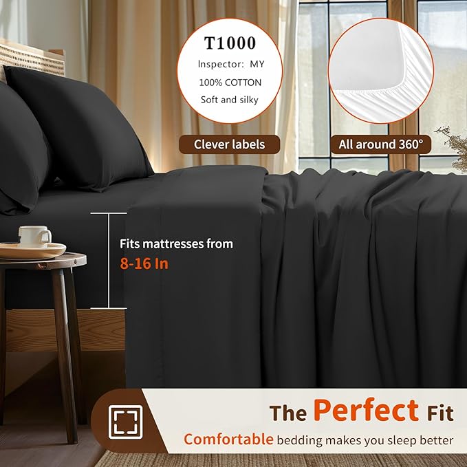 LBRO2M 1000 Thread Count 100% Egyptian Cotton Sheets Set Twin XL, 3 Piece Sets Bed Sheet Deep Pocket Sheet Set 16" Soft Comfortable All Season (Twin XL, Black)