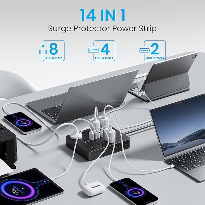 Bawmwim Surge Protector Power Strip, 8 Outlets(1250W/10A), 6 USB Charging Ports(2 USB C), 6FT Flat Plug Extension Cord Outlet Extender with Overload Protection, ETL Certified for Office, Dorm Room
