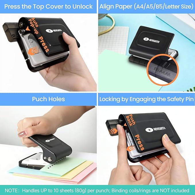 10-Hole Binding Machine for Planners,Metal Punch Loose Leaf Tool 26 Holes for B5, 30 for A4, 20 for A5 Paper,Handheld Manual Book Binder,Notebook Puncher for Home, Office, School, DIY Projects