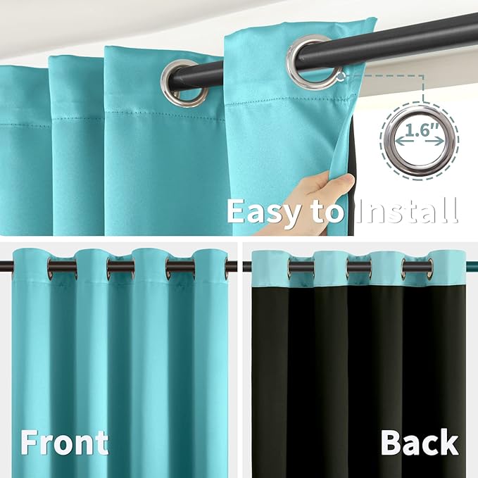 BGment 100% Blackout Curtains 108 Inch Long 2 Panles Set, Thermal Insulated Total Light Locking Soundproof Grommet Curtains & Drapes for Living Room with Black Liner, 52 Inch Wide Each, Aqua