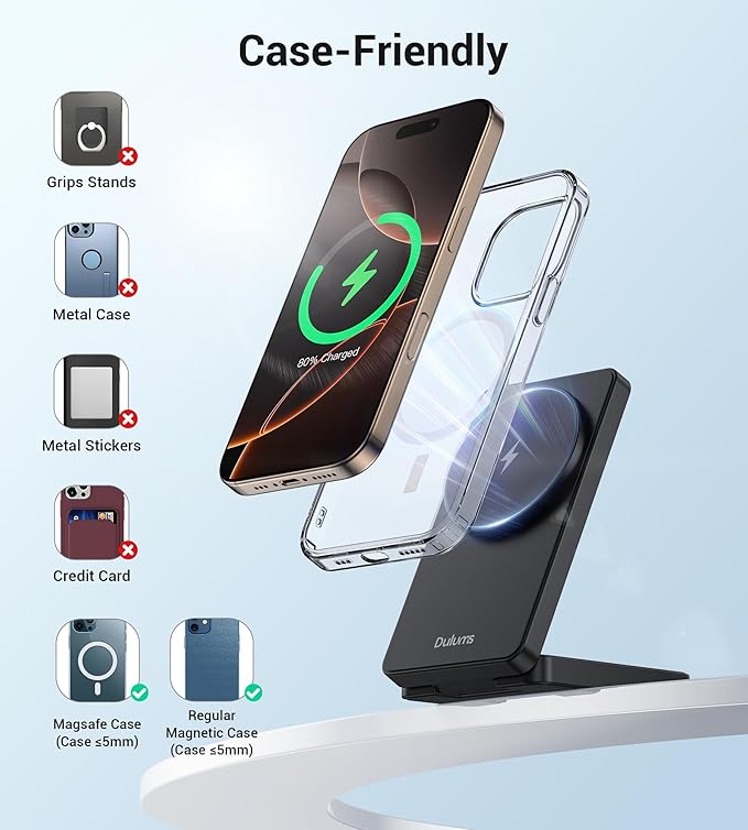 Folding Wireless Charging Stand, Magnetic 15W Fast Charging Station Mag-Safe Travel Lightweight Charger Compatible for iPhone 17/16/16 Pro/16 Pro Max/16 Plus/15/14/13/12 Series, AirPods 4/3