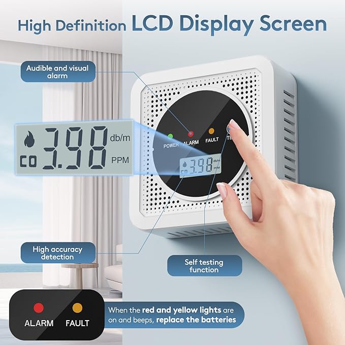 3 Packs, 2-in-1,Smoke Carbon Monoxide Detector,Carbon Monoxide Detector,Smoke Alarm,CO Alarm, 85 db Sound,Battery Powered CO Alarm with LEDs,LCD Digital Screen,Test Button