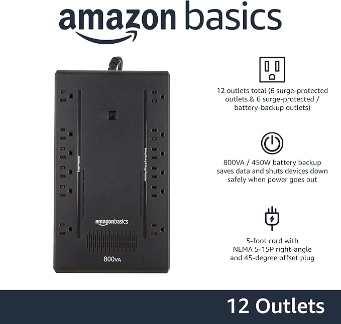 Amazon Basics UPS Battery Backup & Surge Protector 800VA/450W, 12 Outlets, Standby Uninterruptible Power Supply, for Power Outage Protection, Compact, Black