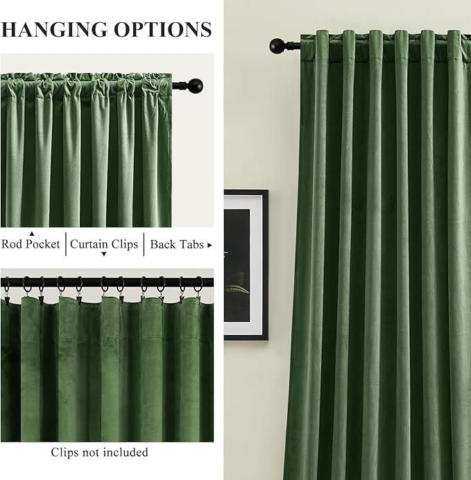 Olive Green Velvet Curtains 108 Inches Long for Bedroom, Luxury Room Darkening Thermal Insulated Blackout Curtains Luxury Window Drapes for Living Room, Back Tab Rod Pocket, W52 x L108, 2 Panels