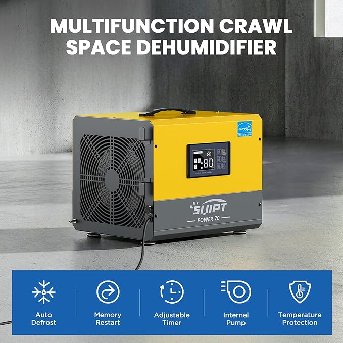 Crawl Space Dehumidifier with Pump, Sijipt 70 Pints Commercial Dehumidifier for Basement, Energy Star Dehumidifier with Drain Hose, Auto Defrost, Memory Restart, Covers Up to 1000 Sq Ft