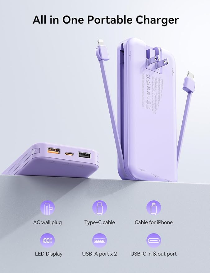 Ultra-Portable-Charger-Power-Bank with Built in Cables&AC Wall Plug,12000mAh PD20W USB-C Fast Charging Cell Phone Charger Battery Pack,LED Display Travel Battery Bank for All iPhone,Samsung,Android