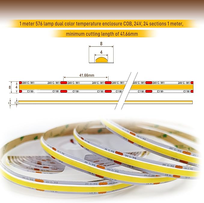 COB LED Strip Light,CCT Dimmable Strips Light,2700K-6500K,32.8ft/10m,8mm Wide,CRI90+ 24V LED Strips Kit with Bluetooth APP Control/Music Mode,for Bedroom,Kitchen,DIY Lighting