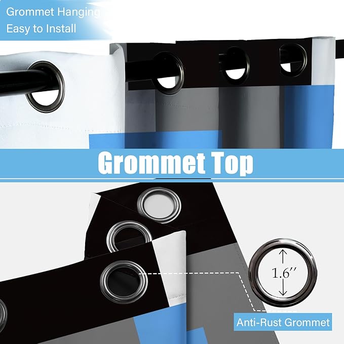 Light Blue 100% Blackout Curtains for Bedroom 96 inch Length 2 Panels Set White Grey Modern Abstract Geometric Black Out Curtains Insulated Room Darkening Window Drapes for Living Room, 52Wx96L