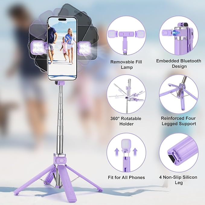 MQOUNY Mini iPhone Tripod Stand & Selfie Stick with Wireless Remote & Removable Light, Extendable Stand 360 Rotation Compatible with iPhone & Android Samsung (Purple)