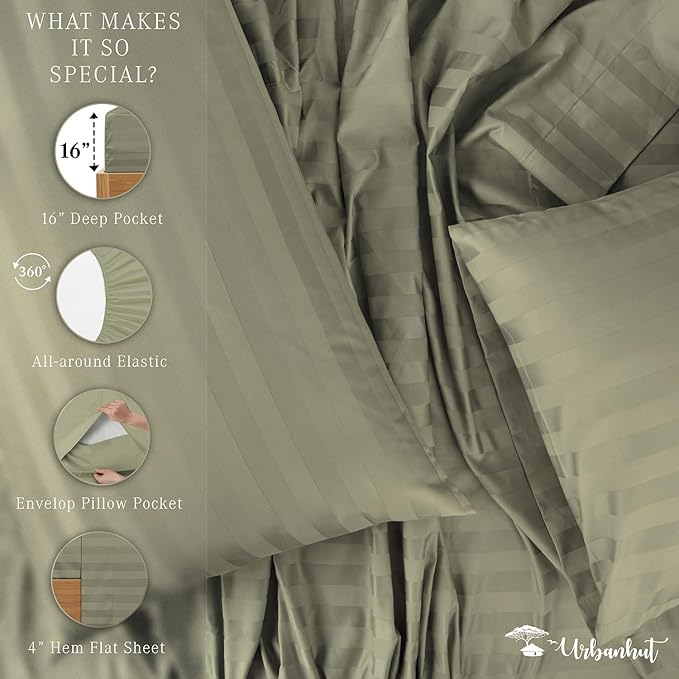 URBANHUT 800 Thread Count 100% Cotton Damask King Size Sheets, 4 Piece Striped King Size Bedsheets, Luxury Hotel Sheets Sateen Weave - Better Than Egyptian, 16" Elasticized Deep Pocket- Sage