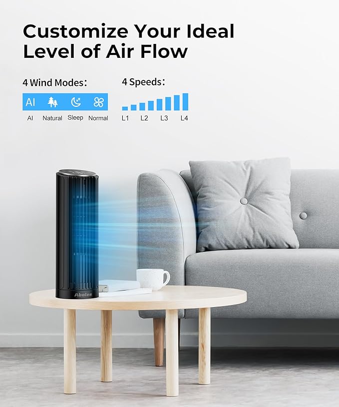 Abolee Tower Fan for Bedroom, 23ft/s Desk Fan with Remote, 70° Oscillating Desk Fan, 4 Speeds, 4 Modes,12Timer, 13'' Bladeless Portable Fan for Bedroom Office Home Black