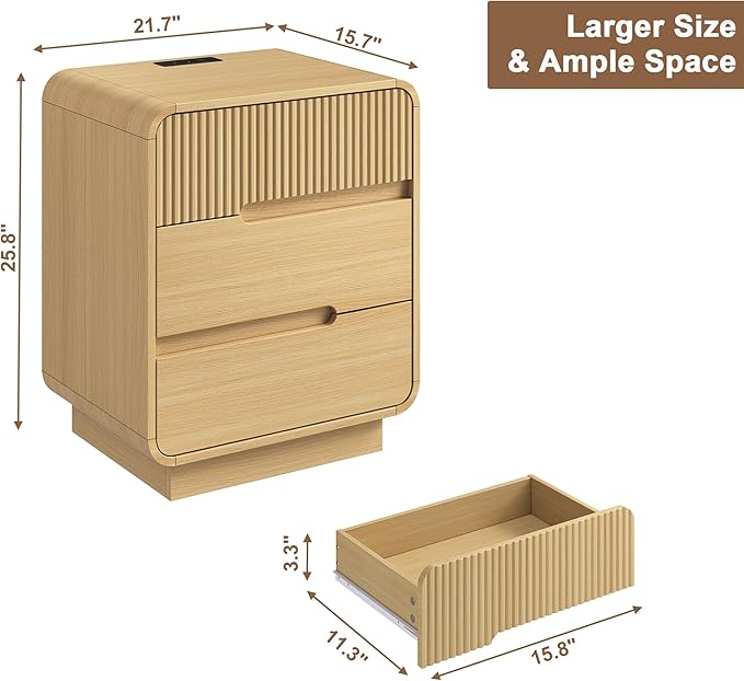 6 Drawer Dresser and 2 Nightstand Sets for Bedroom 3 Pcs Bedroom Set, Modern 47.2" Fluted Dresser with Invisible Handles Nightstand Charging Station, Bedroom Furniture Set for Living Room, Natural