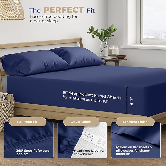 THREAD SPREAD California King Sheet Sets - 400 Thread Count 100% Cotton Sheets, 4 PC Cal King Sheets Set, California King Cooling Sheets, Soft Breathable Bed Sheets, 16" Deep Pocket Sheets (Navy Blue)