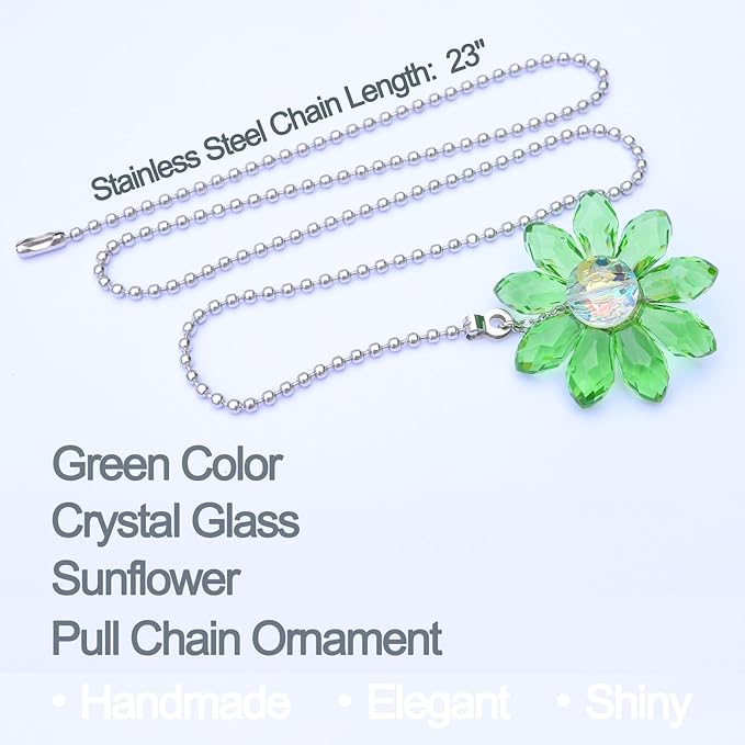 LEFERS Ceiling Fan Pull Chain, 2 Pieces 1.8" Crystal Glass Flower Pendants with 24" Ceiling Fan Chain Extender and Connector (Green)