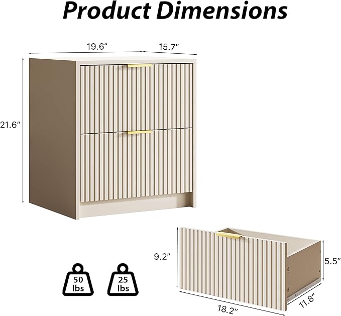 Set of 2 Fluted Nightstand with 2 Drawers, Modern Storage Bedside Table with Golden Metal Handles, Wooden End Table for Bedroom, Beige