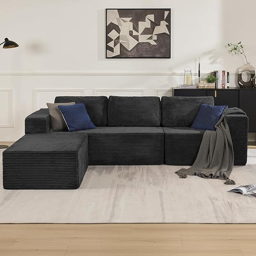 106" Modular Sectional Sofa with L-Shape Chaise, Right/Left Facing Deep Seat Cloud Couch, No Assembly Required, Upholstered Couch for Living Room Bedroom (Plush Corduroy Fabric, Black)