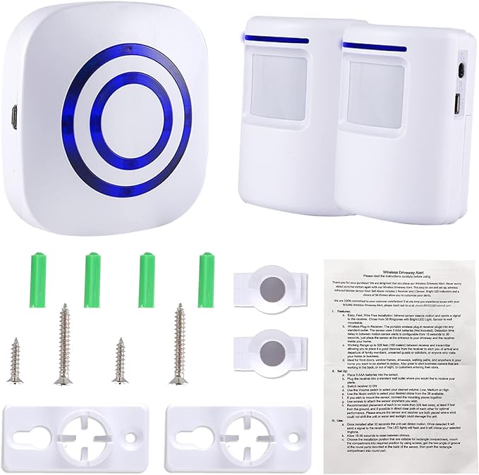Motion Sensor Alarm - Seanme Wireless Driveway Alarm 100m Long Distance Signal Transmission, Home Security Alarm System Motion Sensor Doorbell with 38 Chime Tunes (1 reciver and 2 Sensor)