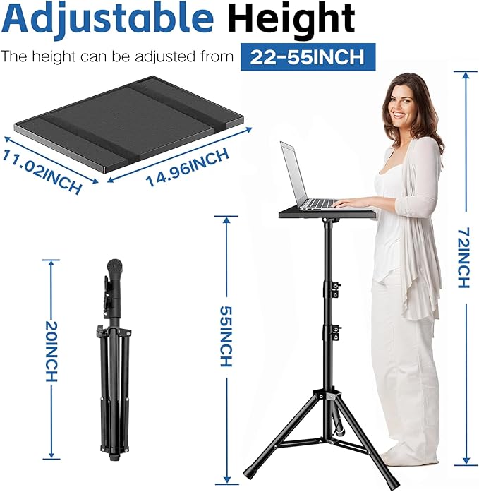 REHOSEUP Projector Stand, 33LB Load Bearing & 22-55" Height Adjustable, for Projector/Laptop/DJ Gear, Outdoor/Office/Studio - Stable Base (Black)