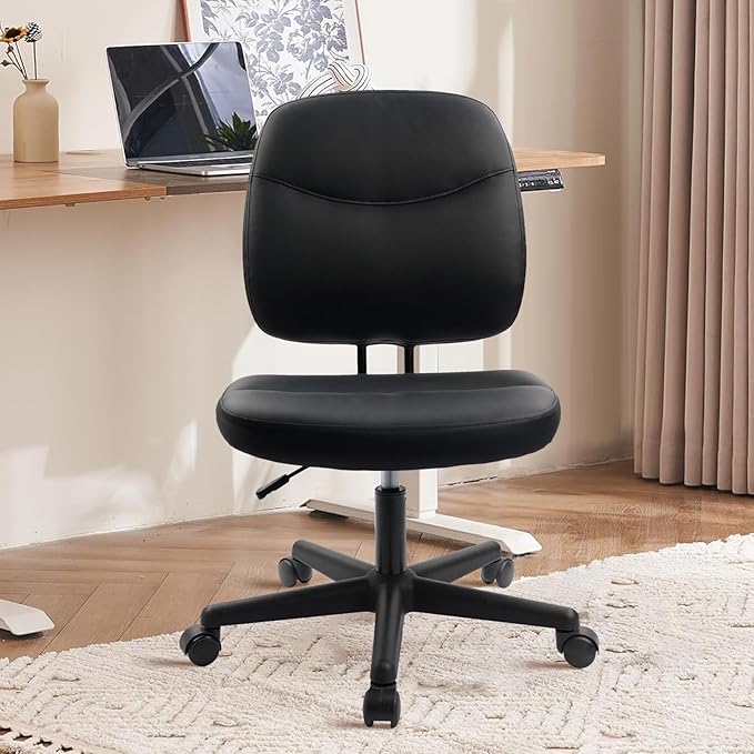 CLATINA Armless Home Office Chair, Small PU Leather Ergonomic Low Back Desk Chair with Lumbar Support and Wheels, Adjustable Height 360° Swivel Rolling Computer Task Chair, Black, 2 Pack