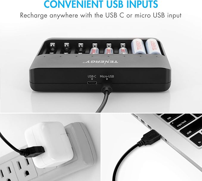 Tenergy TN477U 8-Bay Fast Charger for AA/AAA Ni-MH/NICD Rechargeable Batteries with Micro USB and USB C Inputs