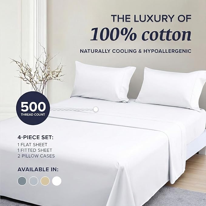 Beckham Hotel Collection Full Sheet Set 100% Cotton, 500TC Luxury Sateen Bedding, 16” Deep Pocket, Moisture-Wicking, 4-Piece, White