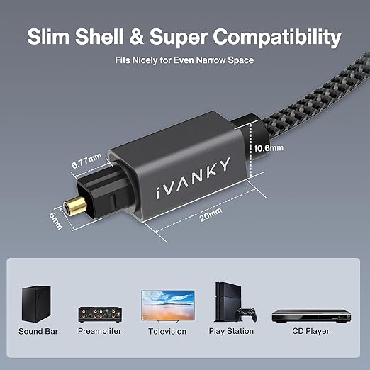 IVANKY Optical Audio Cable, 10ft Toslink Fiber Optic Cord, S/PDIF Digital Optical Audio Cable for Soundbar, Stereo Systems, Home Cinema, Xbox One/PS4/TV, Braided, Gold-Plated Connectors,3M,Grey