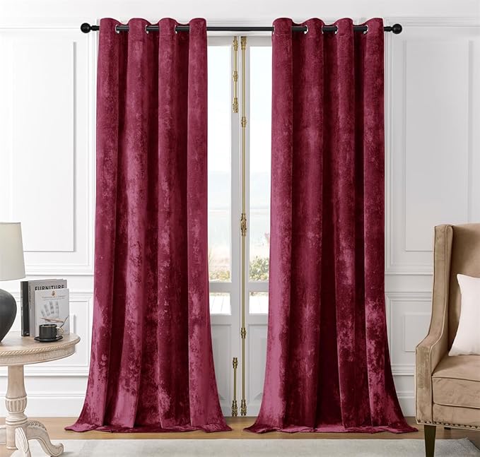 SMILETIME Burgundy Red Crushed Velvet Curtains 52x84 inch Luxurious Thermal Insulated Soundproof Drapes for Living Room Bedroom Office Soft and Durable Light-Filtering Window Treatments, 2 Panels