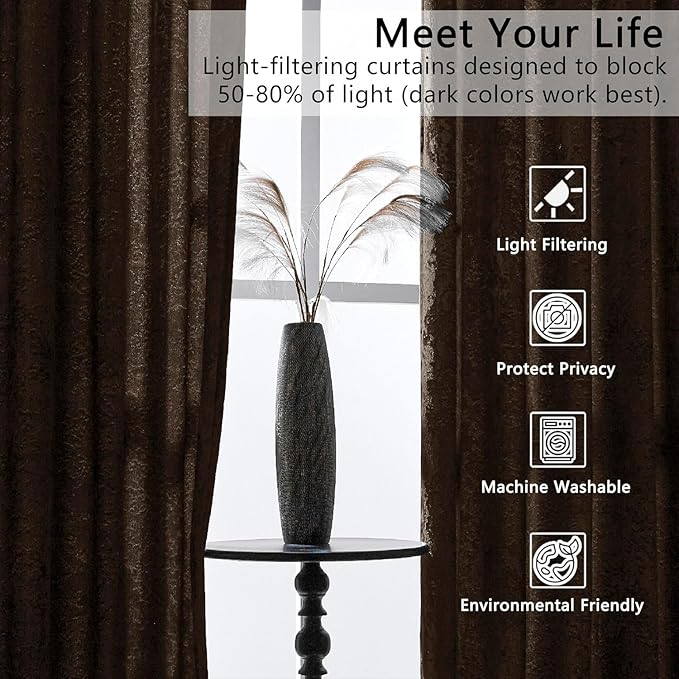 SMILETIME Chocolate Crushed Velvet Curtains 52x84 inch Luxurious Thermal Insulated Soundproof Drapes for Living Room Bedroom Office Soft and Durable Light-Filtering Window Treatments, 2 Panels