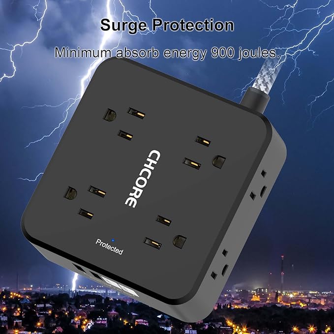 Surge Protector Power Strip - CHCORE 20Ft Braided Extension Cord with 8 Outlets with 4 USB (2 USB C) Charging Ports, Flat Plug Multi Plug Outlet Extender Charging Station for Home Office, ETL, Black