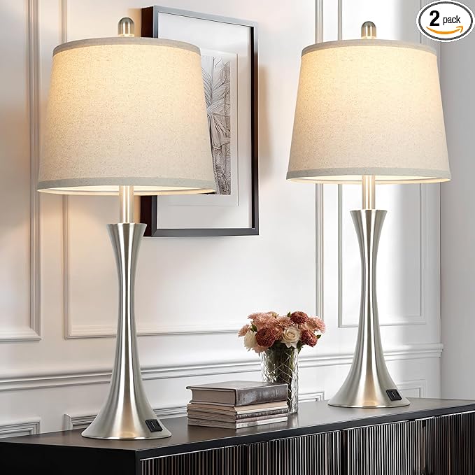 27.5" Silver Table Lamps Set of 2, Touch Bedside Lamps with USB C+A Ports, 3 Way Dimmable Nightstand Lamps for Bedroom, Living Room, Office, Silver Lamp with Beige Lampshade, Bulbs Included