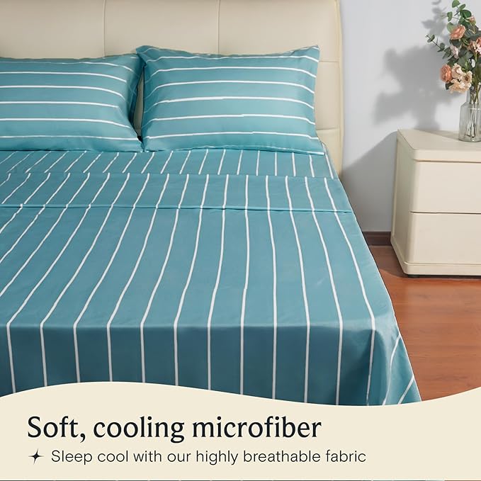 LuxClub 4 PC Queen Sheet Set, Deep Pockets Wrinkle Free Cooling Bed Sheets Hotel Bedding for Women, Men, Includes 1 Fitted Sheet, 1 Flat Sheet and 2 Pillowcases-Striped - Light Blue