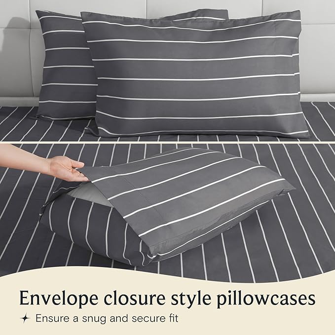 LuxClub 4 PC Queen Sheet Set, Deep Pockets Wrinkle Free Cooling Bed Sheets Hotel Bedding for Women, Men, Includes 1 Fitted Sheet, 1 Flat Sheet and 2 Pillowcases-Striped - Light Grey