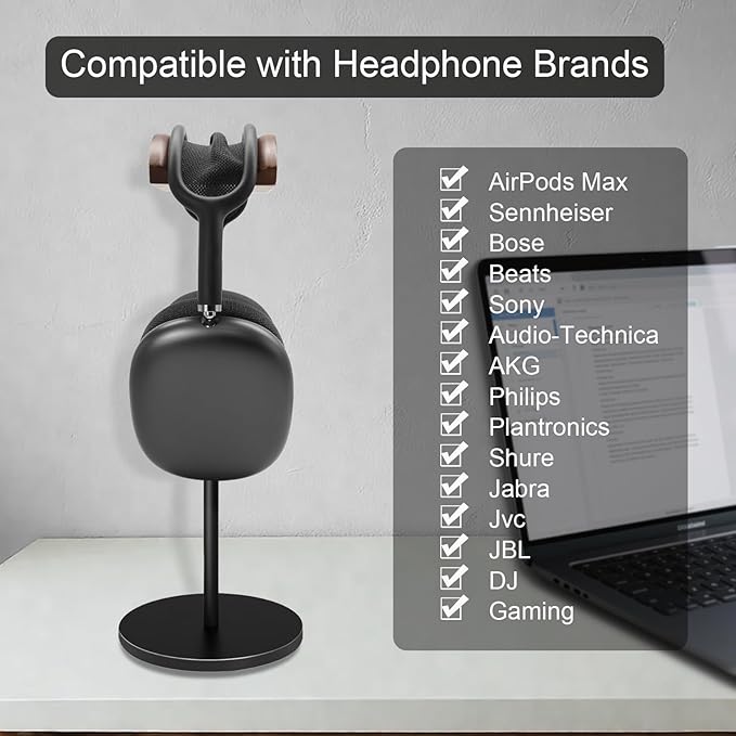 GEVO Headphone Stand for Desk, Walnut Wood & Aluminum Headset Stand, Universal Walnut Gaming Headset Holder with Solid Heavy Base for AirPod Max, Bose, Sony All Headphone Sizes (Circular Base)