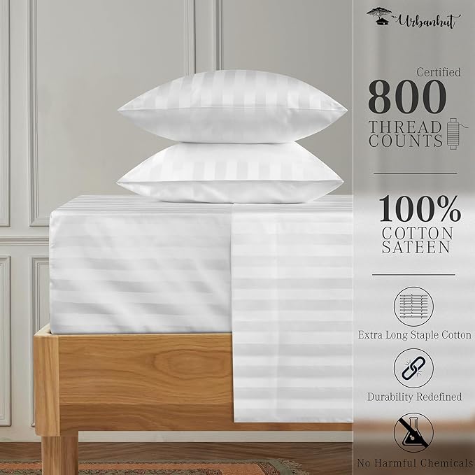 URBANHUT 800 Thread Count 100% Cotton Damask Full Size Sheets, 4 Piece Striped Full Size Bedsheets, Luxury Hotel Sheets Sateen Weave - Better Than Egyptian, 16" Elasticized Deep Pocket- White