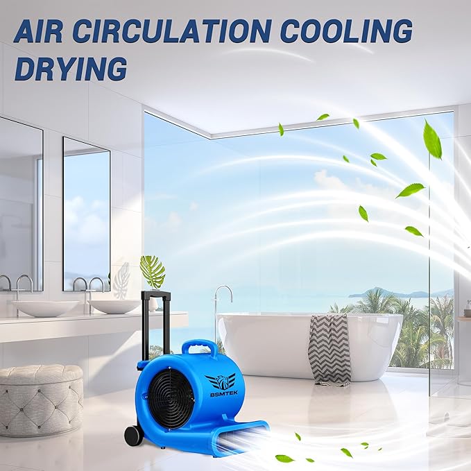 BSMTEK 5000 CFM 1HP Air Mover Blower Fan, Floor Blower Dryer - Timer for Industria, 3 Speeds, 4 Adjustable Angles, Handle Wheelkit, 15Ft Long Cord Portable, Stackable - 2026 Upgraded, Blue