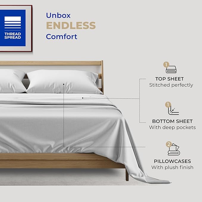 THREAD SPREAD Full Size Sheets Set Cotton - 400 Thread Count 4 PC 100% Cotton Full Size Sheet Sets, 16” Deep Pocket Full Size Sheets Set, Cooling Sheet Set, Luxury Hotel Sheets & Pillowcases (Silver)