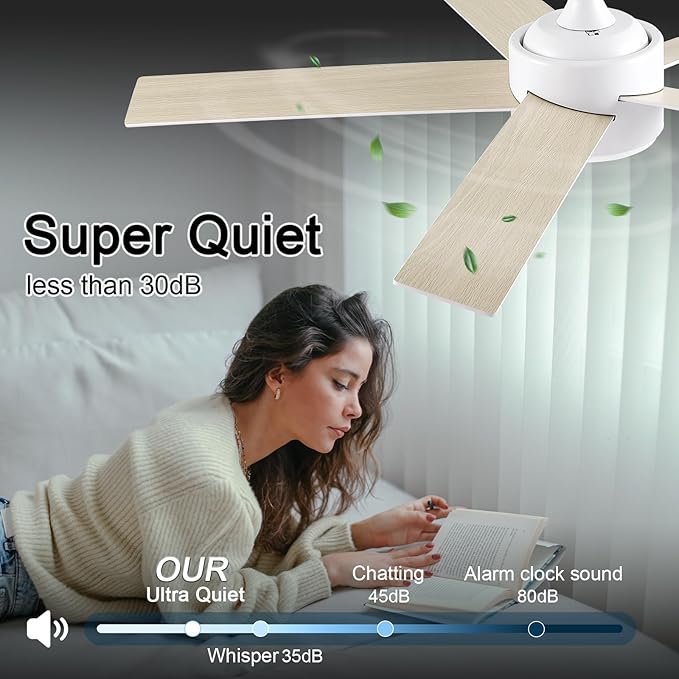 POCHFAN 52 inch White Ceiling Fans with Lights and Remote, Reversible 5 Blades Modern Ceiling Fan for Bedroom, Living Room, Dining Room, LED 3 CCT 6-Speed Noiseless, ETL Listed