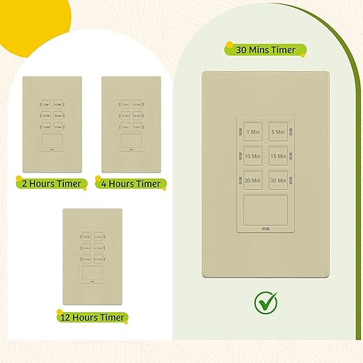 TG 30-Minute Countdown Timer Switch, 1-5-10-15-20-30 Min, for Bathroom Fans, Heaters, Lights, LED Indicator, 120VAC 800W, No Neutral Wire Required, UL Listed, Screwless Wall Plate, Ivory