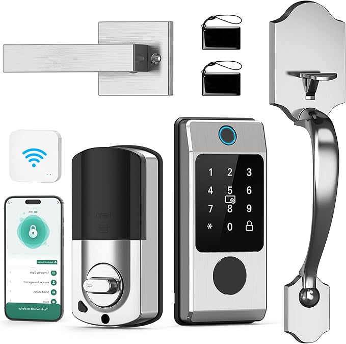 WiFi Smart Locks for Front Door with Handle Sets, Keyless Entry Door Lock Fingerprint Deadbolt, Electronic Digital Touchscreen keypad, App Control, Easy to Install (Silver)